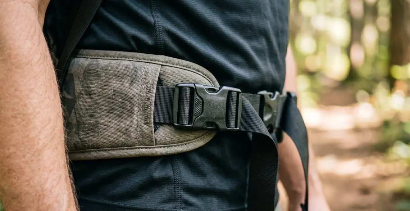 Nahaufnahme eines korrekt eingestellten Rucksack-Hüftgurts auf Beckenknochen