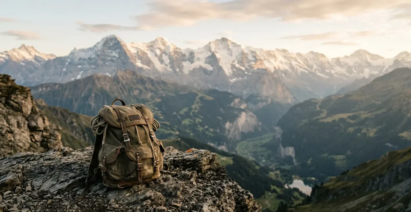 Wanderrucksack auf Felsvorsprung mit Bergen im Hintergrund, minimalistisches Tagesausrüstung