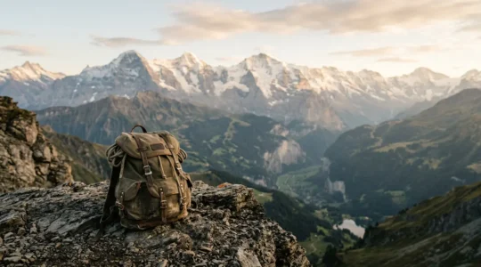 Wanderrucksack auf Felsvorsprung mit Bergen im Hintergrund, minimalistisches Tagesausrüstung