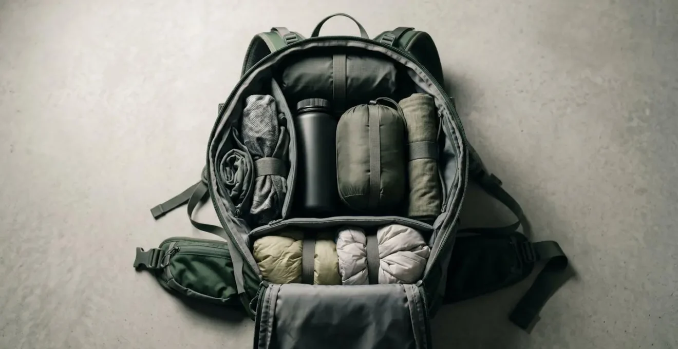 Symbolische Darstellung der optimalen Gewichtsverteilung im Rucksack mit Fokus auf Schwerpunktlage