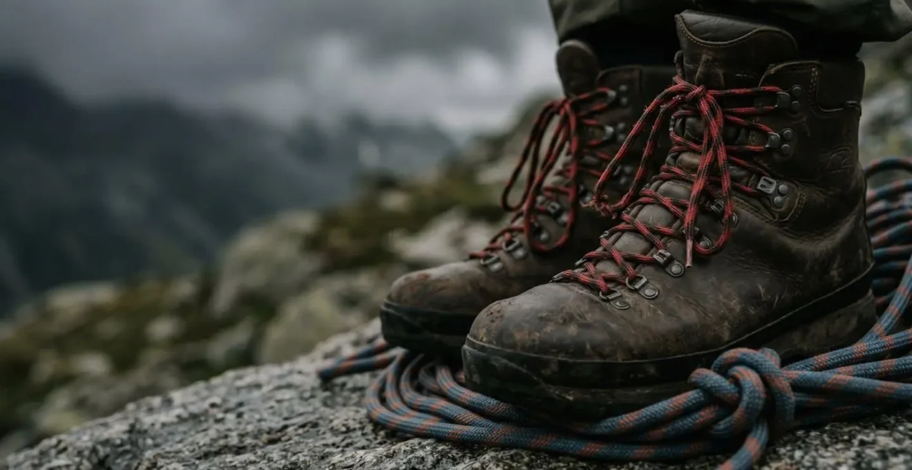 Detailaufnahme von Bergsteigerstiefeln in korrekter Hockstellung bei Gewitter