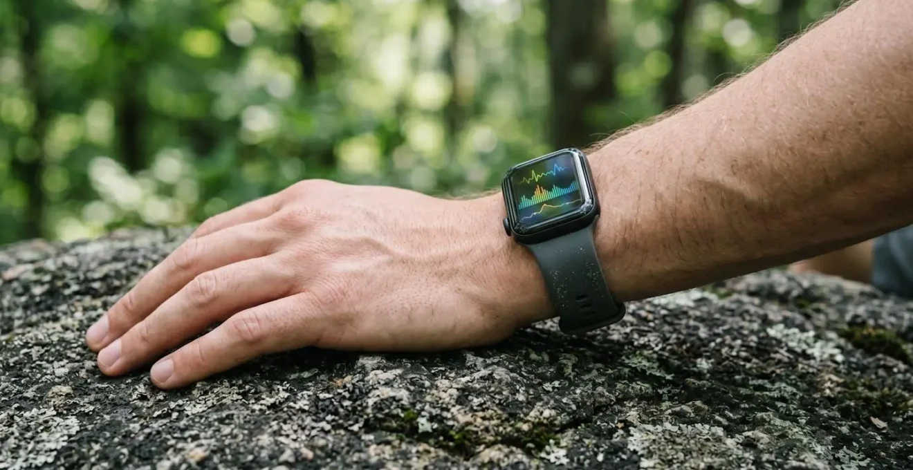 Sportler überprüft HRV-Werte auf einer Smartwatch während einer Pause in der Natur