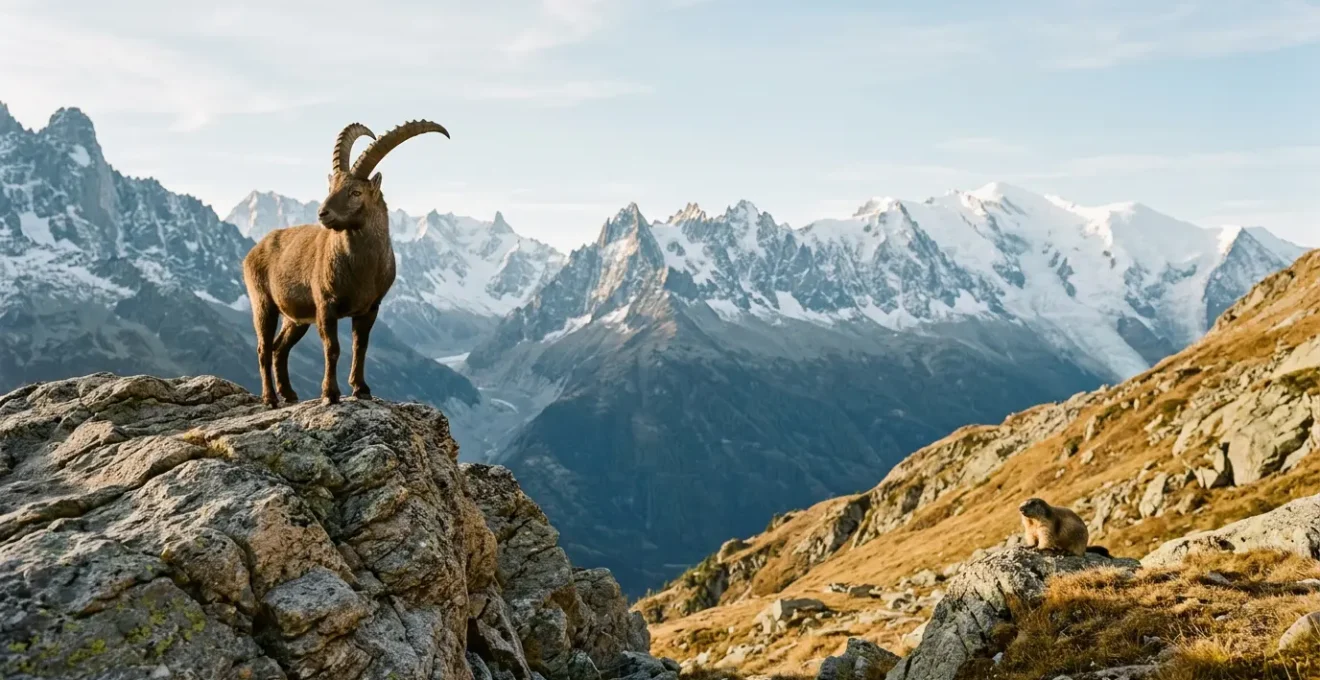 Steinbock und Murmeltier in ihrer natürlichen alpinen Umgebung oberhalb der Baumgrenze