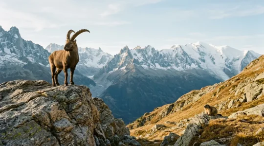 Steinbock und Murmeltier in ihrer natürlichen alpinen Umgebung oberhalb der Baumgrenze