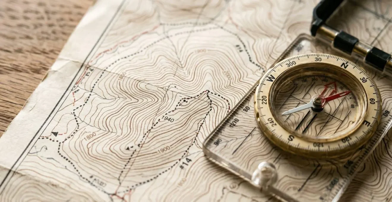 Nahaufnahme einer topografischen Wanderkarte mit Höhenlinien und Kompass auf Holztisch