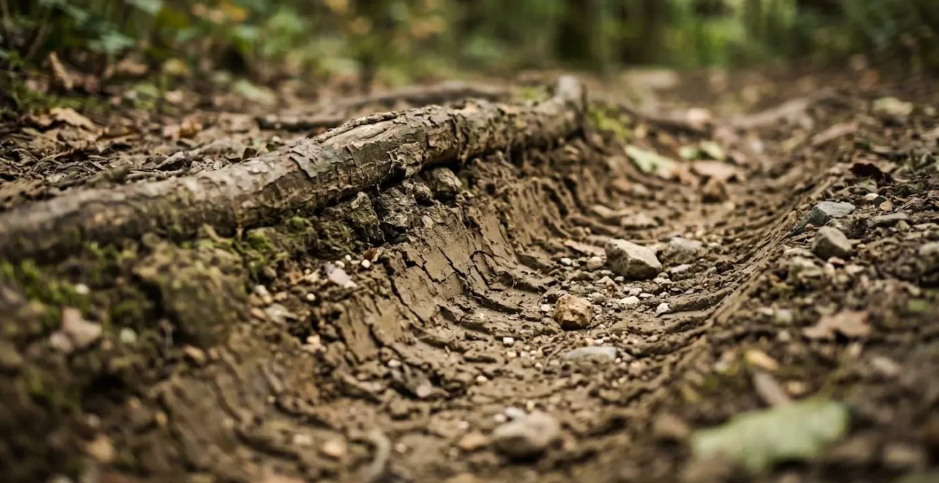 Nahaufnahme eines stark erodierten Waldpfades mit freiliegenden Wurzeln und Bodenschäden