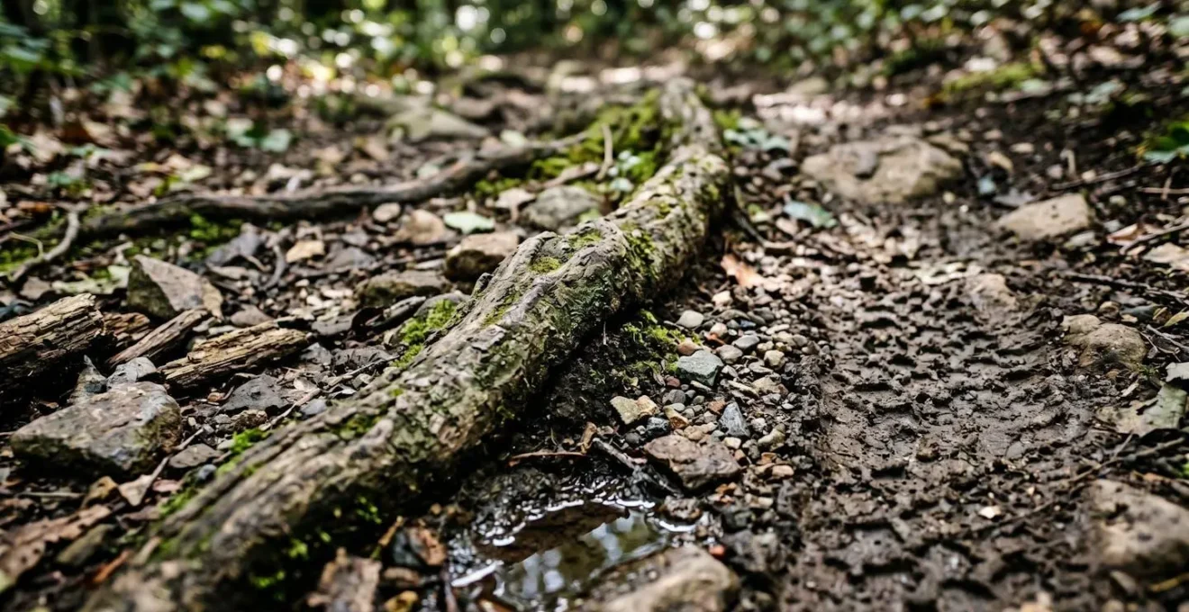 Nahaufnahme eines technischen Singletrails mit grösseren Wurzeln und Steinen auf losem Untergrund