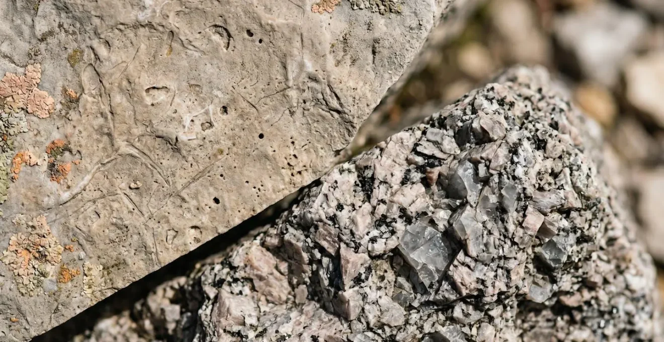 Nahaufnahme von Kalkstein- und Granitgestein auf alpinen Wanderwegen mit unterschiedlicher Oberflächenstruktur und Trittsicherheit