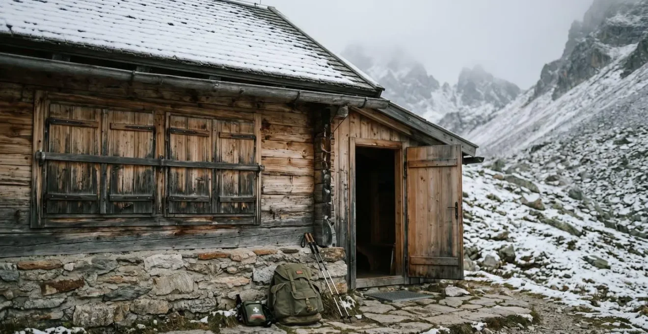 Verschlossene Berghütte im November mit Winterraum-Eingang und Notausrüstung