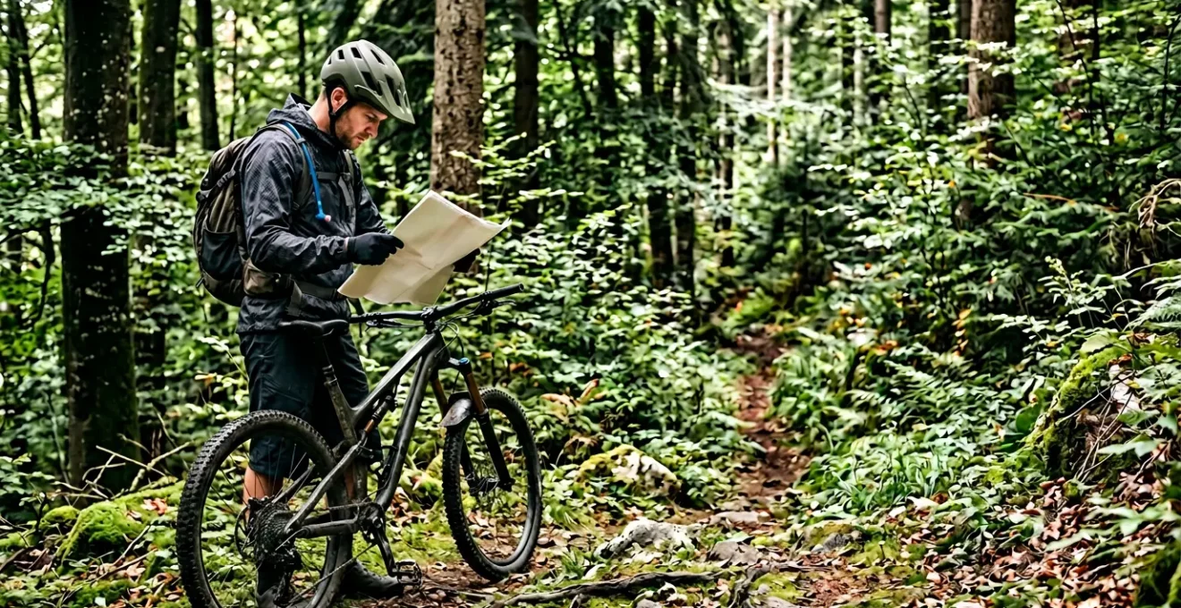 Mountainbiker studiert topografische Karte in einem dichten Wald auf der Suche nach geheimen Trails