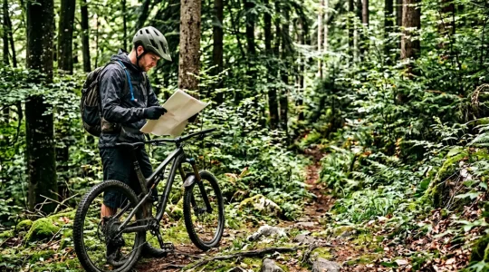 Mountainbiker studiert topografische Karte in einem dichten Wald auf der Suche nach geheimen Trails