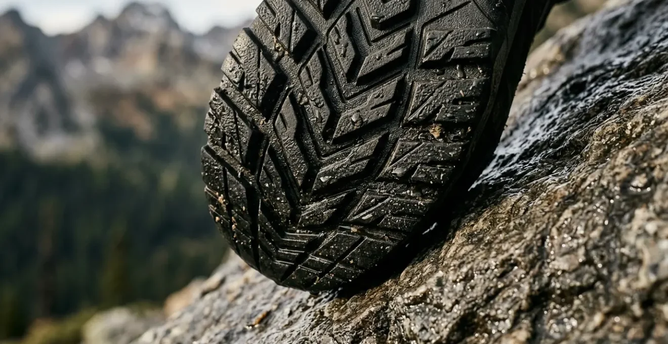 Nahaufnahme einer Vibram-Wanderschuhsohle auf nassem Felsuntergrund mit sichtbarem Profil und Haftung