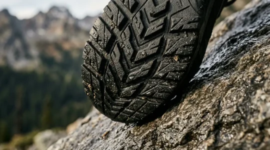 Nahaufnahme einer Vibram-Wanderschuhsohle auf nassem Felsuntergrund mit sichtbarem Profil und Haftung
