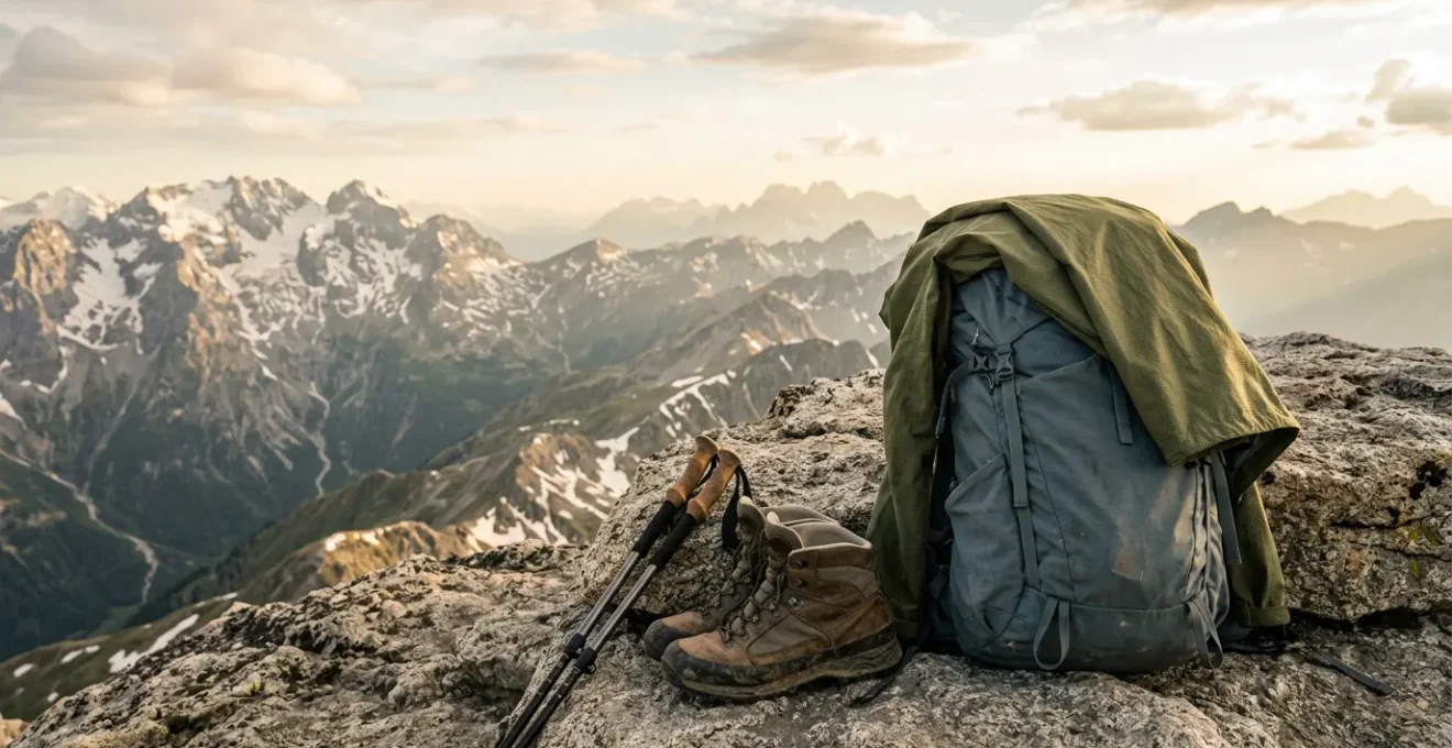 Hochwertige Wanderausrüstung auf Berggipfel mit Blick auf Alpenlandschaft