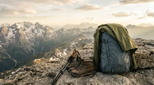 Hochwertige Wanderausrüstung auf Berggipfel mit Blick auf Alpenlandschaft