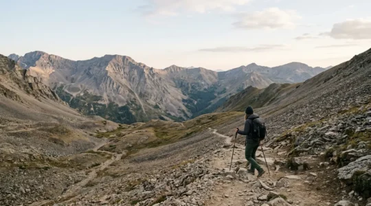 Wanderer mit Trekkingstöcken in alpiner Berglandschaft beim Abstieg