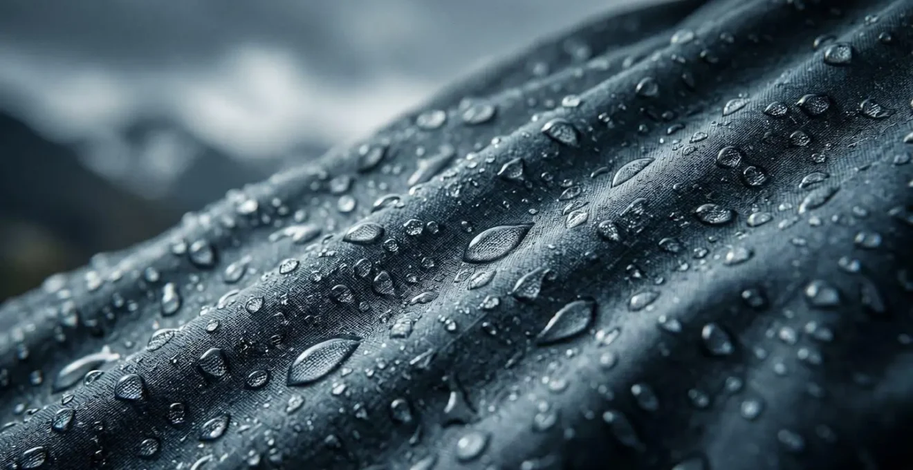 Nahaufnahme einer durchnässten Funktionsjacke im Wind mit Wassertropfen