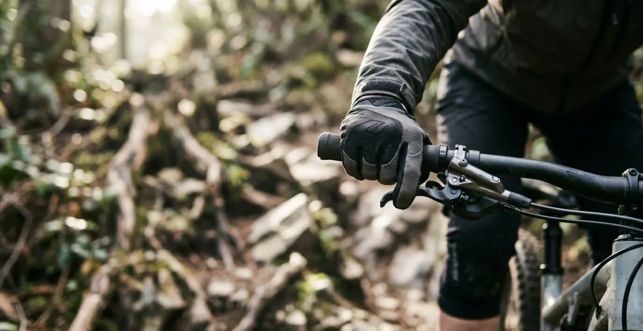 Nahaufnahme einer Hand am Mountainbike-Lenker, die eine verzögerte Reaktion beim Bremsen zeigt